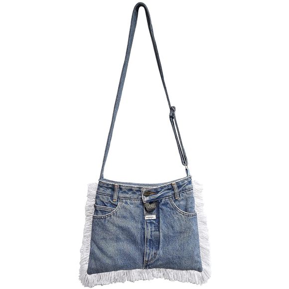 Upcycled Blue Denim Medium Trapezoid Flat Crossbody Bag Fringe Trim Vintage c: - Picture 1 of 5